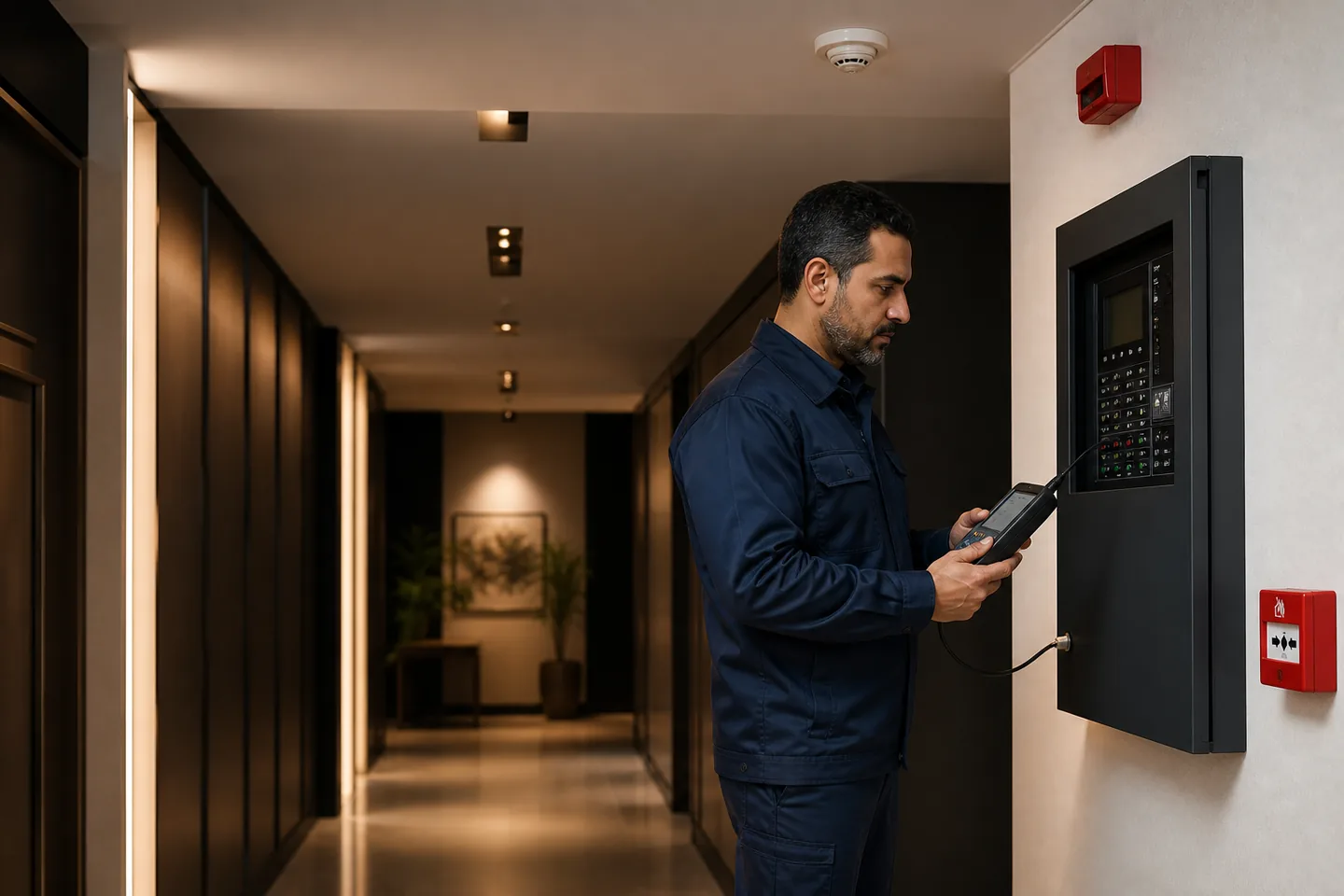 Fire alarm detection and control equipment in a commercial building