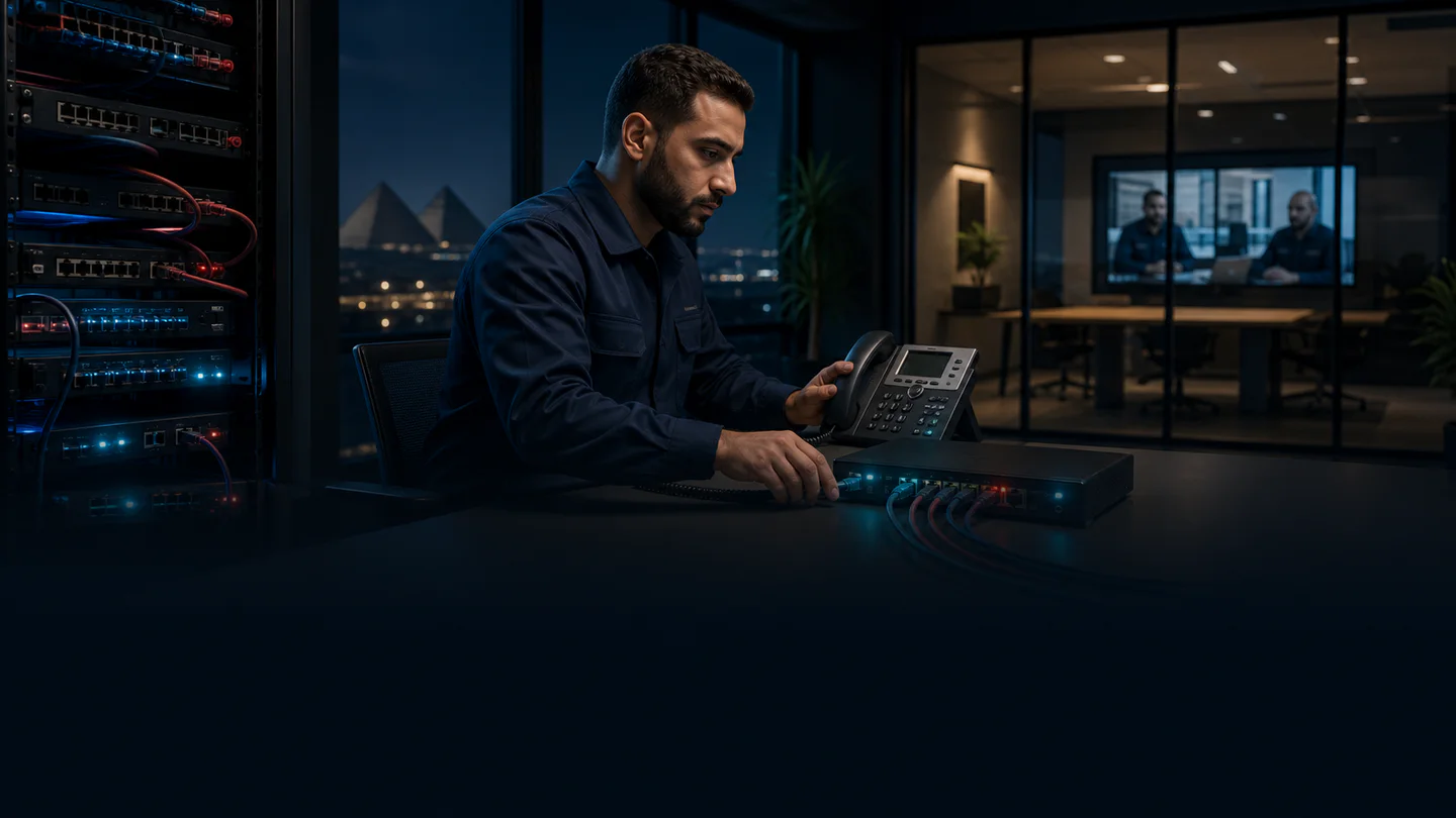 Telecom engineer configuring an IP phone and network gateway for reliable business VoIP